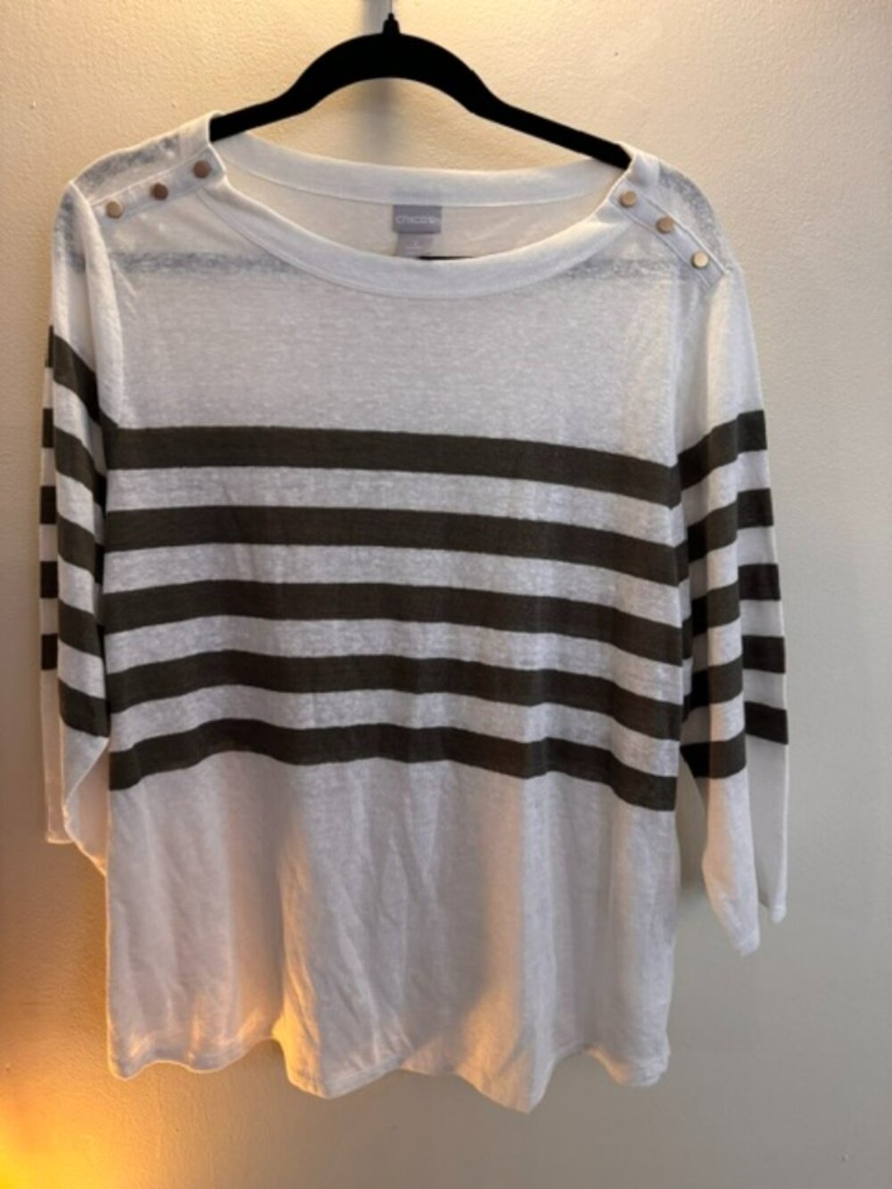 Chico's linen knit top - green and white stripes